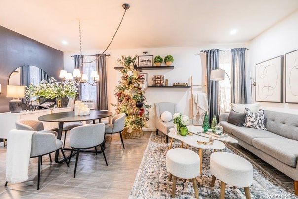 Chandelier, Dining room, Interior, Living room, Pendant Lights, Recessed Lighting, Wood Texture Flooring