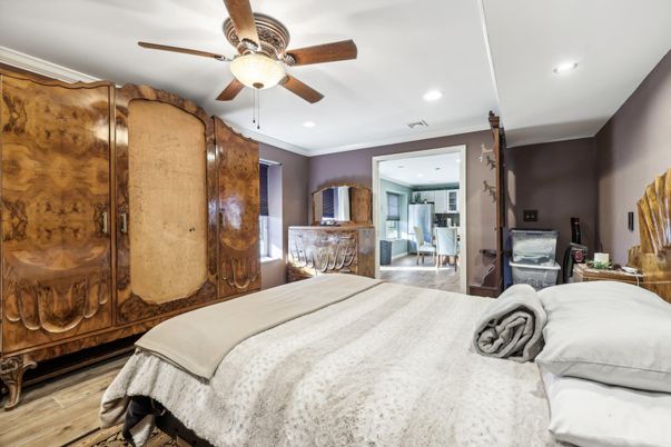Bedroom, Interior, Recessed Lighting, Wood Texture Flooring
