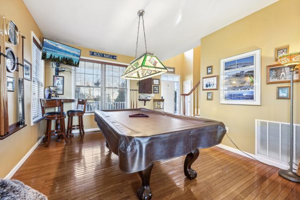 Billiard Table, Game Room, Interior, Pendant Lights, Wood Texture Flooring