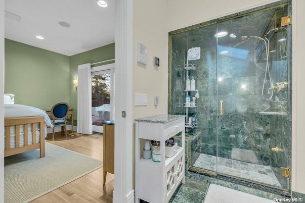 Bathroom, Bedroom, Glass Shower, Interior, Recessed Lighting, Wood Texture Flooring