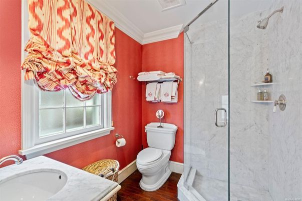 Bathroom, Glass Shower, Interior, Marble Walls, Wood Texture Flooring