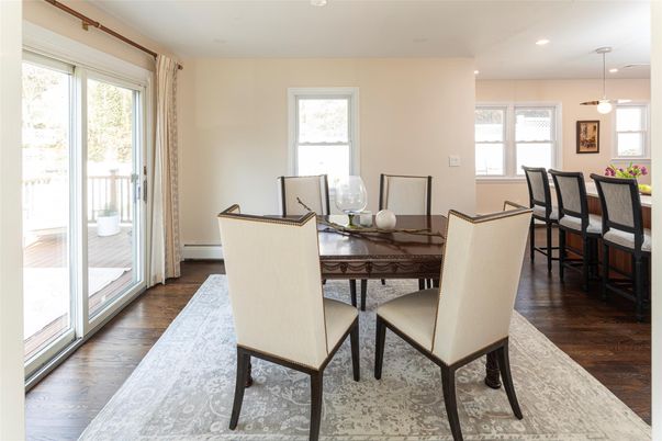 Dining room, Interior, Pendant Lights, Recessed Lighting, Wood Texture Flooring