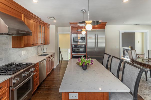 Interior, Kitchen, Pendant Lights, Recessed Lighting, Stainless Steel Appliances, Wood Texture Flooring