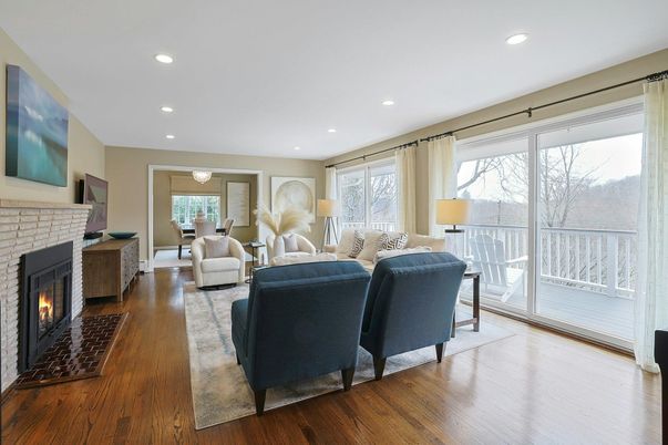 Fireplace, Interior, Living room, Recessed Lighting, Wood Texture Flooring