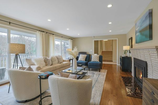 Fireplace, Interior, Living room, Recessed Lighting, Wood Texture Flooring