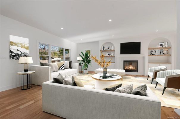 Fireplace, Interior, Living room, Recessed Lighting, Wood Texture Flooring