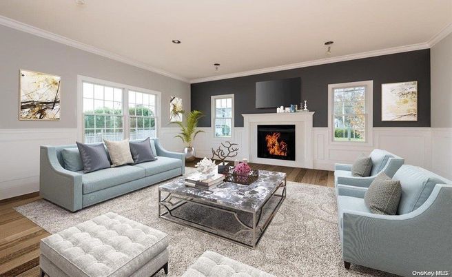Fireplace, Interior, Living room, Recessed Lighting, Wood Texture Flooring