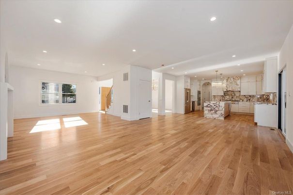 Empty room, Interior, Kitchen, Pendant Lights, Recessed Lighting, Wood Texture Flooring