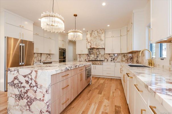 Chandelier, Interior, Kitchen, Pendant Lights, Recessed Lighting, Stainless Steel Appliances, Wood Texture Flooring