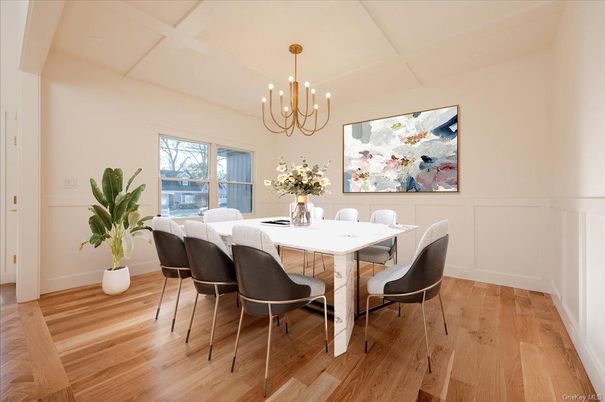 Chandelier, Dining room, Interior, Wood Texture Flooring
