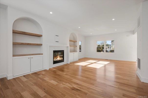Empty room, Fireplace, Interior, Recessed Lighting, Wood Texture Flooring