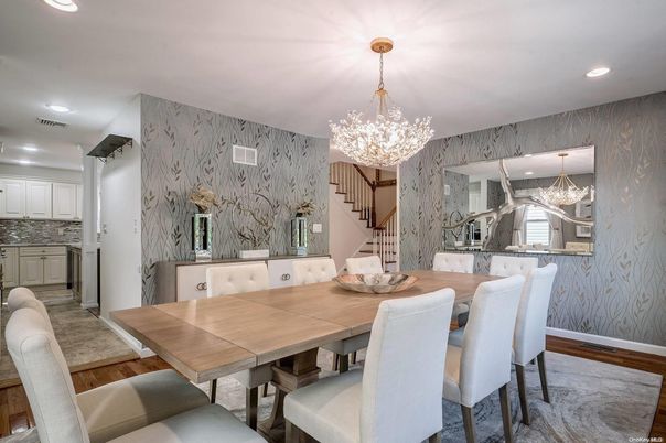 Chandelier, Dining room, Interior, Kitchen, Recessed Lighting, Wood Texture Flooring