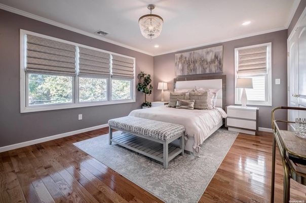 Bedroom, Chandelier, Interior, Recessed Lighting, Wood Texture Flooring
