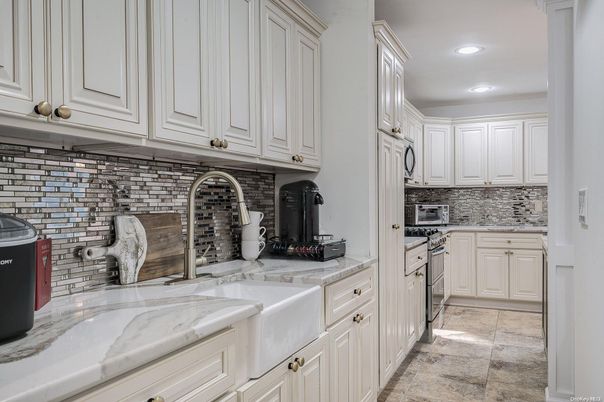 Interior, Kitchen, Recessed Lighting, Stainless Steel Appliances, Stone Walls