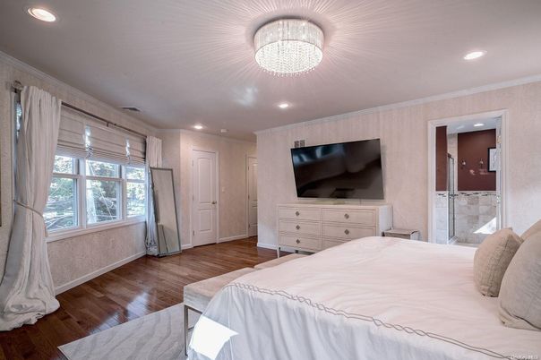 Bedroom, Chandelier, Interior, Recessed Lighting, Wood Texture Flooring
