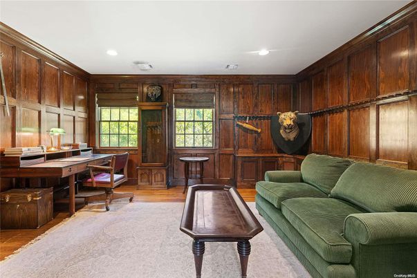 Home Office, Interior, Recessed Lighting, Wood Texture Flooring, Wooden Walls