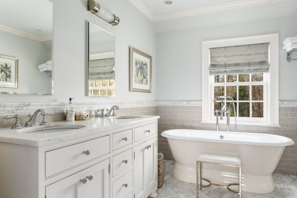 Bathroom, Dual Sink Vanities, Free Standing Baths, Interior, Marble, Recessed Lighting