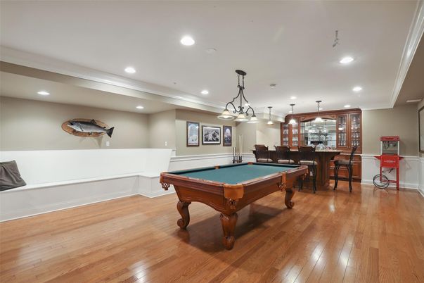Billiard Table, Game Room, Interior, Pendant Lights, Recessed Lighting, Wood Texture Flooring