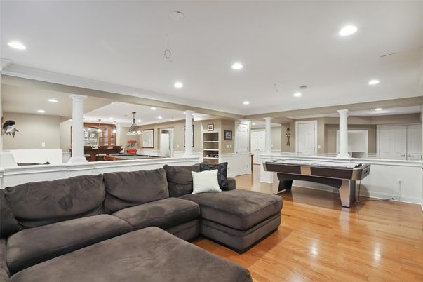 Billiard Table, Game Room, Interior, Kitchen, Living room, Pendant Lights, Recessed Lighting, Wood Texture Flooring
