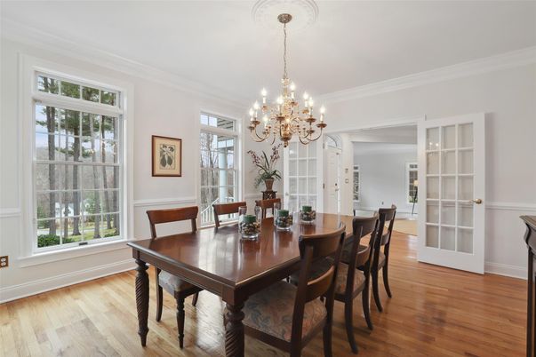 Chandelier, Dining room, Interior, Wood Texture Flooring