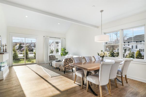 Dining room, Interior, Living room, Pendant Lights, Recessed Lighting, Wood Texture Flooring