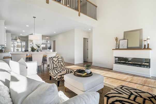 Dining room, Fireplace, Interior, Kitchen, Living room, Pendant Lights, Recessed Lighting, Wood Texture Flooring