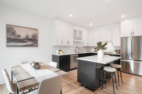 Dining room, Interior, Kitchen, Recessed Lighting, Stainless Steel Appliances, Wood Texture Flooring