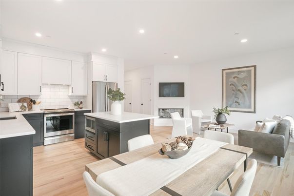 Dining room, Interior, Kitchen, Recessed Lighting, Stainless Steel Appliances, Wood Texture Flooring