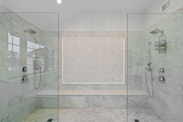 Bathroom, Glass Shower, Interior, Marble Walls, Recessed Lighting