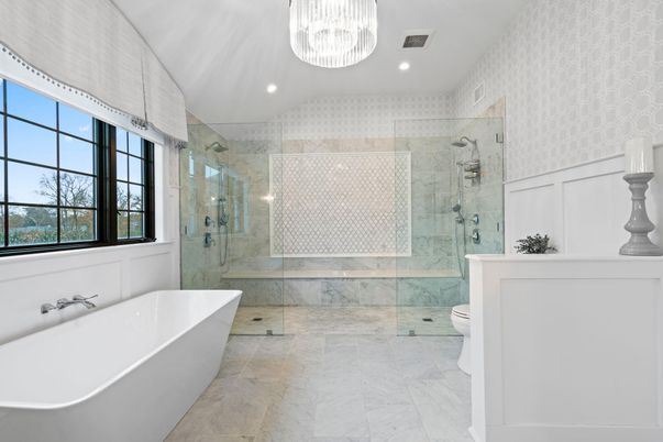 Bathroom, Free Standing Baths, Glass Shower, Interior, Marble, Marble Walls, Recessed Lighting