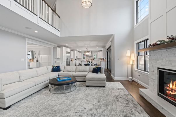 Fireplace, Interior, Kitchen, Living room, Pendant Lights, Recessed Lighting, Stone Walls, Wood Texture Flooring