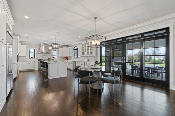 Dining room, Interior, Kitchen, Pendant Lights, Recessed Lighting, Wood Texture Flooring