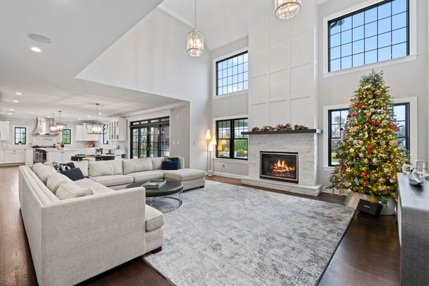 Fireplace, Interior, Kitchen, Living room, Pendant Lights, Recessed Lighting, Wood Texture Flooring