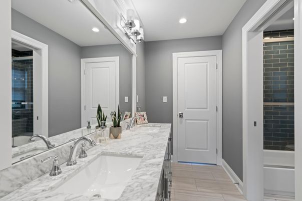 Bathroom, Dual Sink Vanities, Interior, Recessed Lighting, Wood Texture Flooring