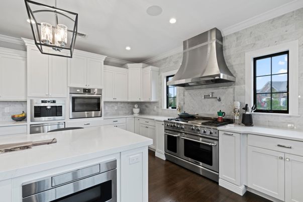 Interior, Kitchen, Recessed Lighting, Stainless Steel Appliances, Stone Walls, Wood Texture Flooring