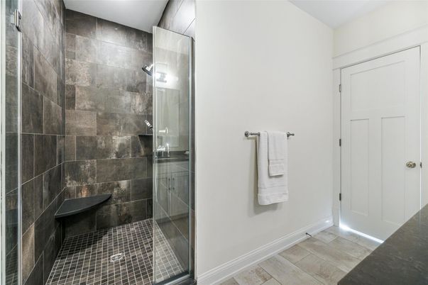 Bathroom, Glass Shower, Interior, Wood Texture Flooring
