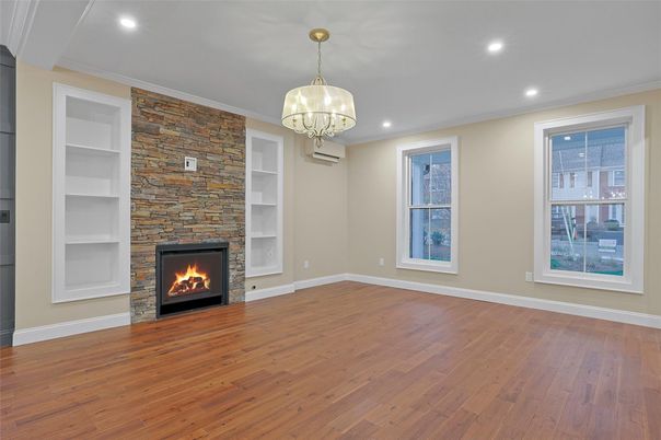 Empty room, Fireplace, Interior, Recessed Lighting, Wood Texture Flooring