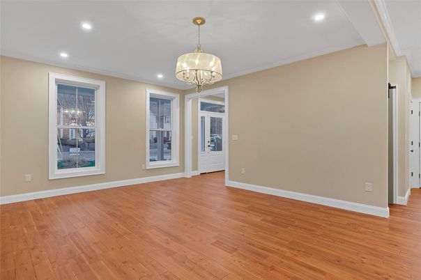 Chandelier, Empty room, Interior, Recessed Lighting, Wood Texture Flooring