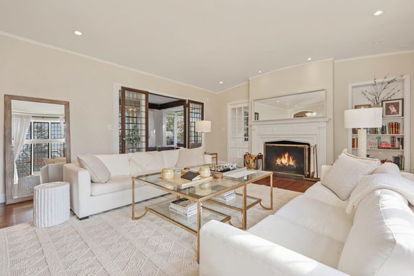 Fireplace, Interior, Living room, Recessed Lighting, Wood Texture Flooring