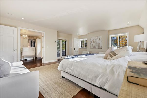 Bedroom, Chandelier, Interior, Recessed Lighting, Wood Texture Flooring
