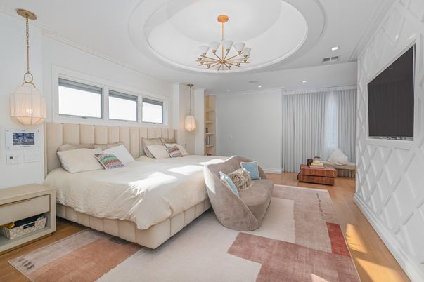 Bedroom, Interior, Pendant Lights, Recessed Lighting, Wood Texture Flooring