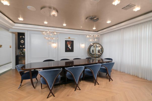 Dining room, Interior, Pendant Lights, Recessed Lighting, Wood Texture Flooring