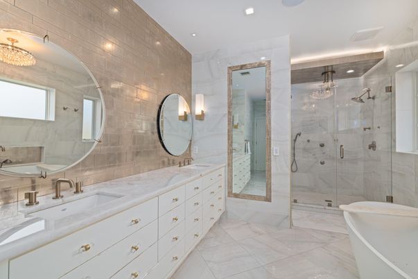Bathroom, Dual Sink Vanities, Free Standing Baths, Glass Shower, Interior, Marble, Recessed Lighting