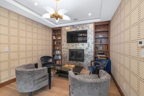 Fireplace, Interior, Living room, Pendant Lights, Recessed Lighting, Stone Walls, Wood Texture Flooring