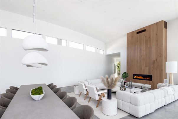 Dining room, Fireplace, Interior, Living room, Pendant Lights