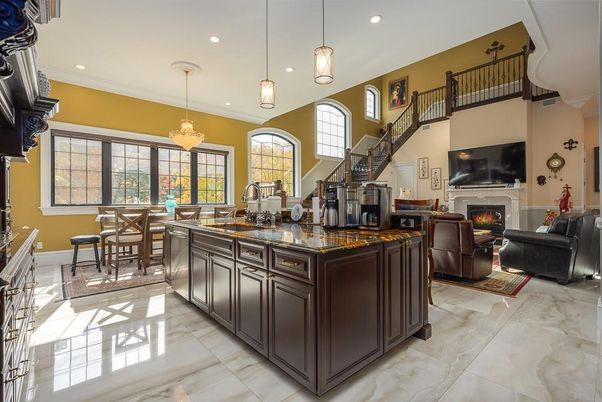 Chandelier, Dining room, Fireplace, Interior, Kitchen, Living room, Pendant Lights, Recessed Lighting