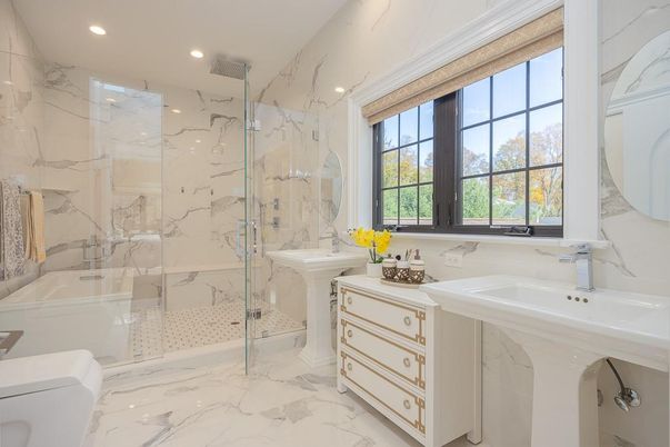 Bathroom, Dual Sink Vanities, Glass Shower, Interior, Marble, Marble Walls, Recessed Lighting