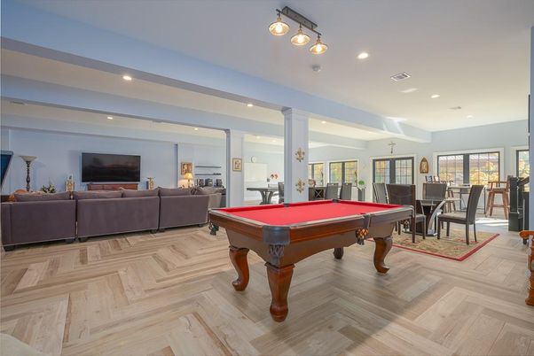 Billiard Table, Dining room, Game Room, Interior, Living room, Recessed Lighting, Wood Texture Flooring