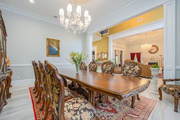 Chandelier, Dining room, Fireplace, Interior, Marble, Recessed Lighting