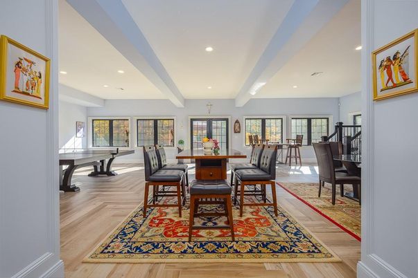 Dining room, Game Room, Interior, Recessed Lighting, Wood Texture Flooring